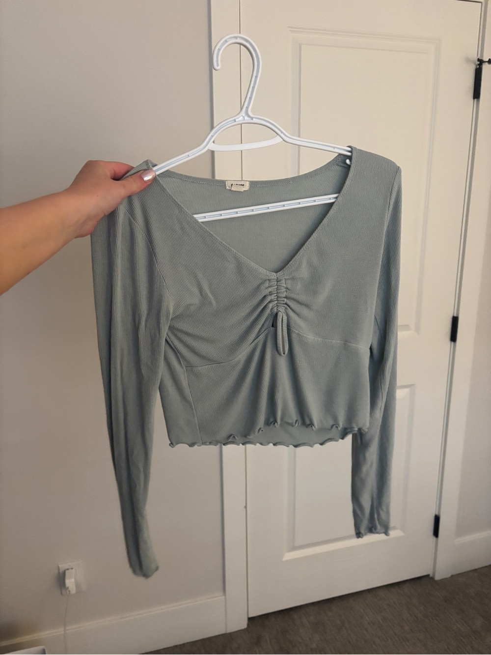 Ribbed Long-Sleeve V-Neck Crop Top - Teal Green from Garage
